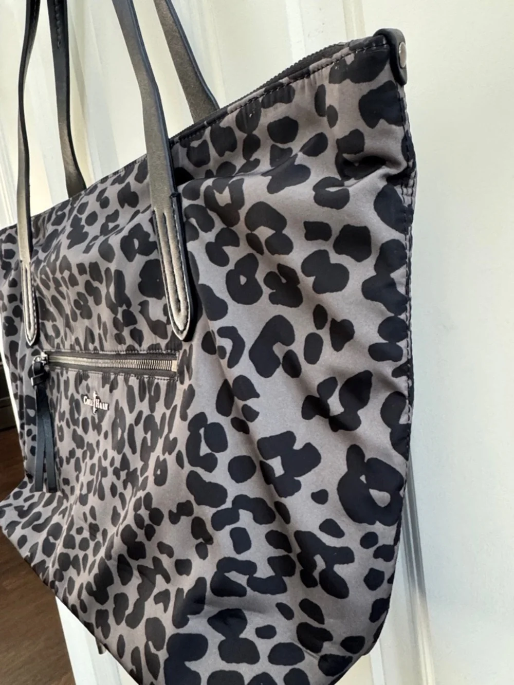 Cole Haan Gray Leopard Print Tote with Black Leather Handles